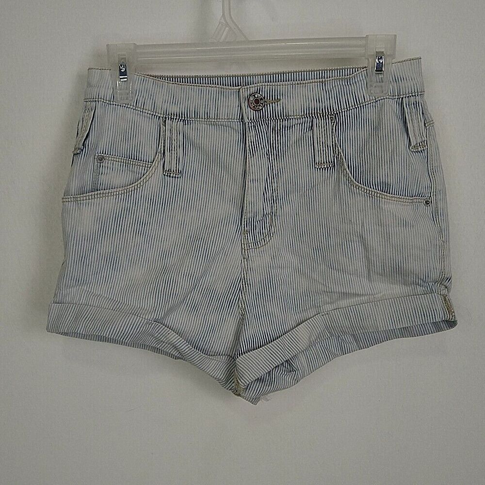 BDG Womens sz 25 Shorts Blue Striped Denim Roll Cuff High Rise Hot Pants Summer